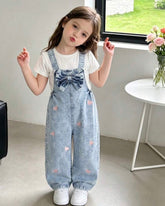 Girls Light Blue Denim Jumpsuit with Pink Heart Embroidery & Bow