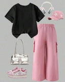 Girls Bow Pink Embroidery Black T-Shirt & Cargo Pants Set