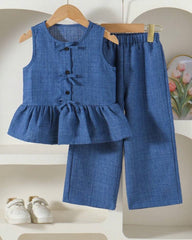 Girls Blue Ruffle Hem Cami & Solid Pants Set