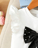 Girls 2-Piece 3D Black Bow Beaded Outfit Set – Cap Sleeve Top & Beaded Slit Shorts