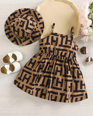 Baby Girl Letter Print Dress With Hat 2-Piece Set