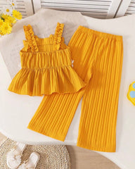 Striped 3D Bow Hollow Floral Sleeveless Top With Elastic Waist Mustard Colour Straight Leg Pants