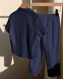 2PCS Boys Navy Blue Outfit Set – Textured Stand Collar Shirt & Trousers