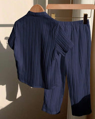 2PCS Boys Navy Blue Outfit Set – Textured Stand Collar Shirt & Trousers