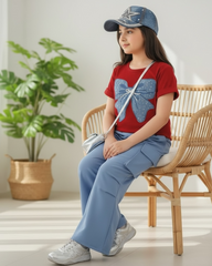 Tween Girls Blue Bow Graphic Red T-Shirt & Cargo Pants Set
