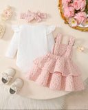 3PCS Baby Girl White Bodysuit, Pink Suspender Dress & Headband Set