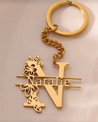 Personalized Stainless Steel Initial Keychain with Floral Design