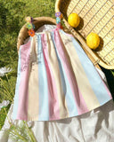 Baby Girls’ Pastel Colors Ribbon Patchwork Striped A-Line Dress