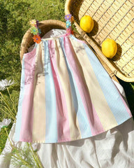 Baby Girls’ Pastel Colors Ribbon Patchwork Striped A-Line Dress