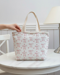 White Bow & Heart Print Travel Tote Bag