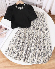 Tween Girl 2Pcs Outfit – Black & White Faux Pearl Top & Floral Ruffle Skirt Set