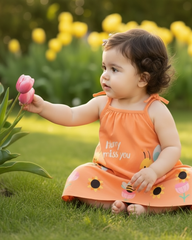 Baby Girl Orange Floral & Honey Bee Print Suspender Dress with Bow