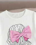 Girls Pink Bowknot Short Sleeve T-Shirt & Striped Maxi Skirt Set