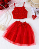 Girls Red Floral Embroidery Top & Skirt 2-Piece Set