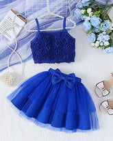 Girls Royal Blue Floral Embroidery Top & Tulle Skirt 2-Piece Set