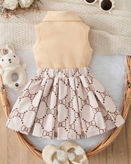 2pcs Beige Baby Girl Bowknot-Shape Embroidery Sleeveless Top&Short Pleated Skirt