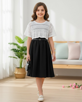 Girls 2-Piece White Mesh Knit Top & Black Dress