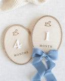 Baby Boy Milestone Wooden Photo Props with Blue Bow – Newborn to 12 Months