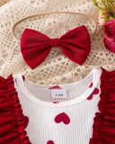 Baby Girl 3D Red Heart Flutter Sleeve Denim Overall Bodysuit + Bow Ruffle Socks