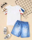 2pcs/Set Boy Summer Geometric Print Short Sleeve T-Shirt + Denim Effect Shorts Outfit