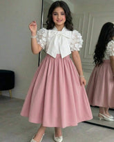 Girls’ 3D Floral Embroidery Bubble Sleeve Shirt & Skirt Set