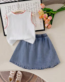 Girls Cherry Embroidered Top & Frilled Denim Skirt Set (3 Colours)