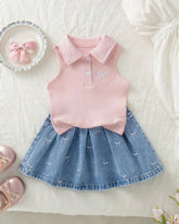 Girls’ Pink Sleeveless Polo Knit Top & Light Blue Denim Skirt