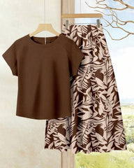 2PCS Summer Skirt Set – Brown Top & Printed Skirt Outfit