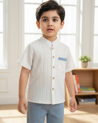Boys 2pcs White Vertical Striped Short Sleeve Shirt & Blue Pants
