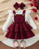 3PCS Baby Girl White Bodysuit, Meroon Suspender Dress & Headband Set