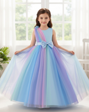 Girls Rainbow Ombre Princess Dress – Sleeveless Bow Tulle Puffy Long Gown
