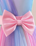 Girls Rainbow Ombre Pink Dress – Sleeveless Bow Tulle Puffy Long Gown