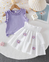 Girls’ Purple Ribbed Camisole & White 3D Floral Double-Layer Skirt Set