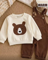 Baby Boy Bear Knit Sweatshirt & Brown Plaid Corduroy Overalls