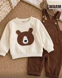 Baby Boy Bear Knit Sweatshirt & Brown Plaid Corduroy Overalls