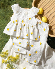 Baby Girls knitted sleeveless lace Lemon collar top + straight leg pants