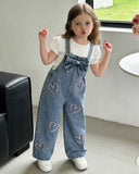 Girls Blue Denim Jumpsuit with Pink Hollow Heart Embroidery & Bow