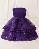 Young Girls Purple Elegant Sequin Bow Mesh Princess
