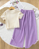 Girls Purple 3D Floral Textured T-Shirt & Pants Set – 2pcs Casual Outfit