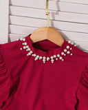 Tween Girl 2Pcs Outfit – Red Faux Pearl Top & Floral Ruffle Skirt Set