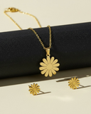 Stainless Steel Golden Flower Pendant Necklace and Earrings