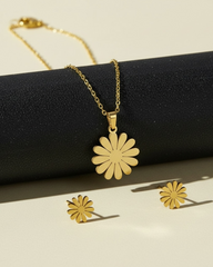 Stainless Steel Golden Flower Pendant Necklace and Earrings
