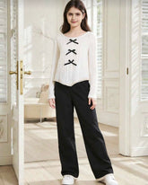2pcs/Set Girls Ruffle Trim V-Neck Long Sleeve Top And Straight Leg Floral Trim Denim Pants Casual Outfit