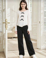 2pcs/Set Girls Ruffle Trim V-Neck Long Sleeve Top And Straight Leg Floral Trim Denim Pants Casual Outfit