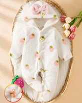 Newborn Hooded White Cherry Print Flannel Romper