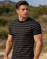 Men's Black & White Striped Short Sleeve Polo Shirt - Summer