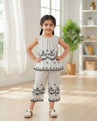 Baby Girls Sleeveless Co-Ord Set – Printed Embroidered Hem Top & Wide-Leg Pants