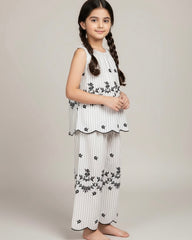 Girls Sleeveless Co-Ord Set – Printed Embroidered Hem Top & Wide-Leg Pants