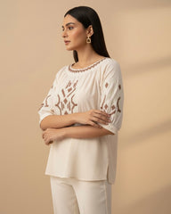 Heavy Embroidered Crew Neck Casual Shirt for Women