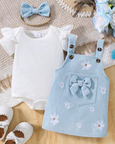 Baby Girls 3pc Set- Cap Sleeve Bodysuit + Blue Suspender Skirt + scrunchie